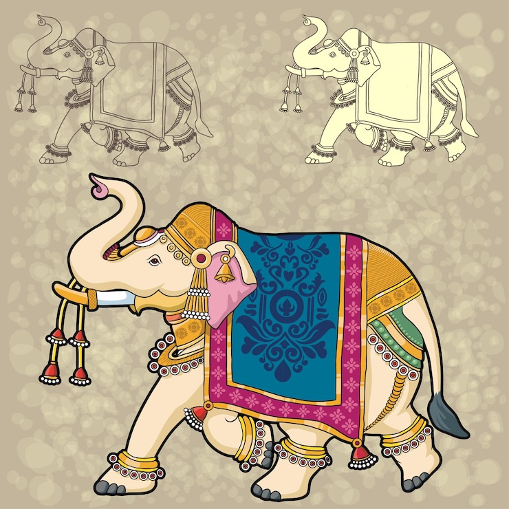Vektor indian traditional rajasthani painting ornamental decorative pichwai elephant
