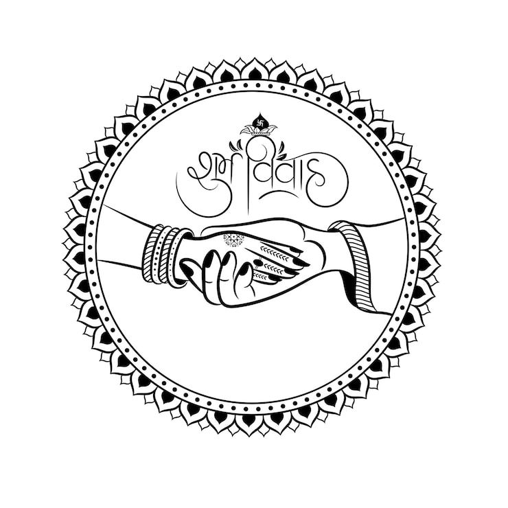 Vektor indický svatební symbol nevěsty a ženicha, ilustrace obrysu ruky a hindská kaligrafie shubh vivah