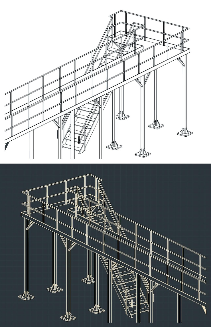 Vektor industrial steel platform and stairs isometric blueprints illustrations