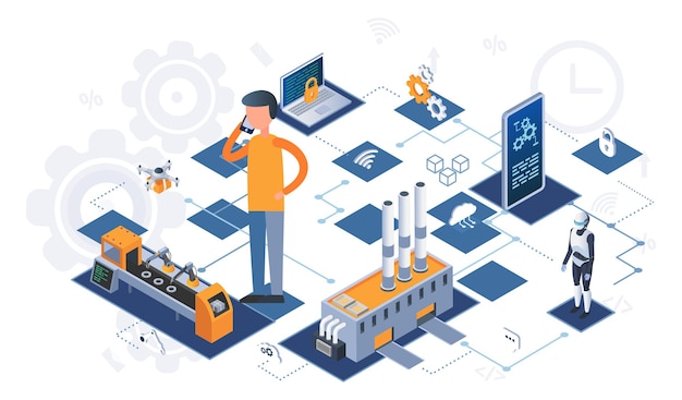 Industry automation production line internet of things and machine interface Male engineer controls manufacturing equipment using digital devices industrial technologies 4ir revolution AI IoT