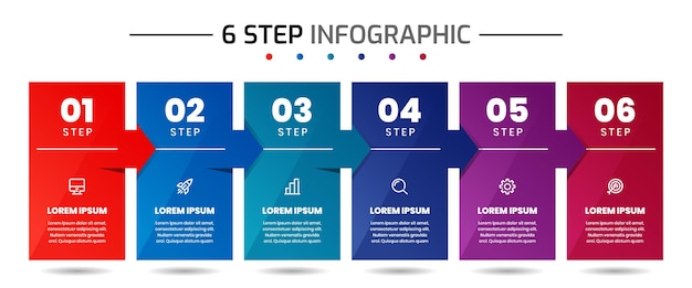 Infographic Element Design Templates with Icons and 6 Steps Suitable for Presentations Flow Chart