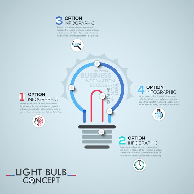 Infographic template with elements connected by lines in shape of light bulb