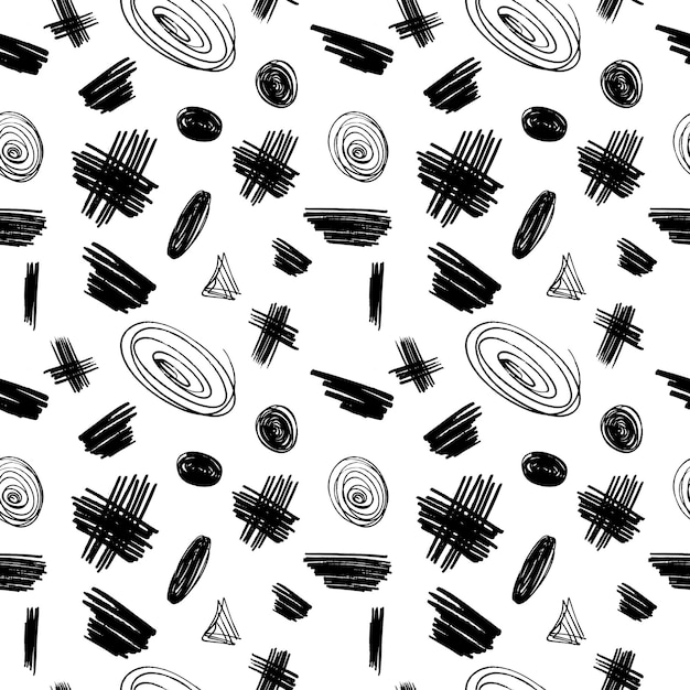 ink brush strokes, lines and circles. grunge doodle brushes on white background. abstract seamless vector pattern.