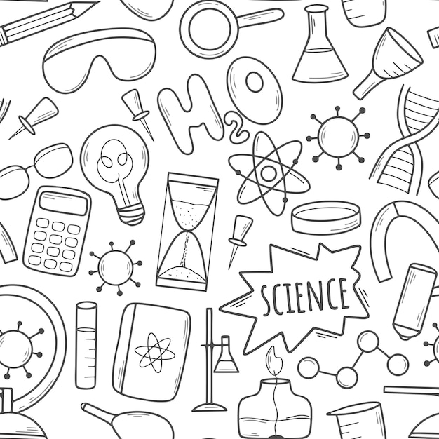 Ink hand drawn science seamless pattern Chemistry biologists and physics background