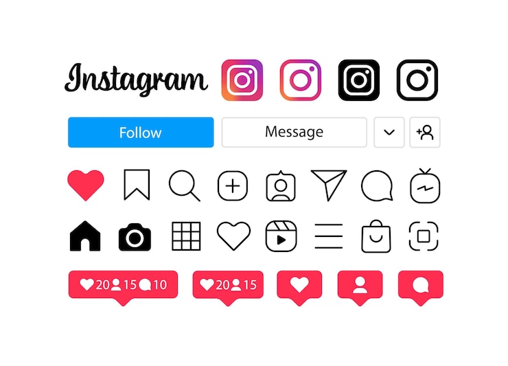 Instagram sada ikon a tlačítek pro web Vektorová redakční ilustrace