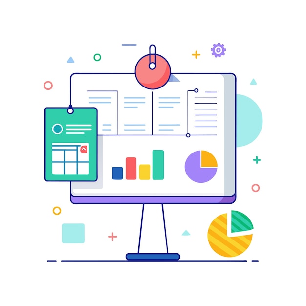 Interactive whiteboard with diagrams and notes vector illustration