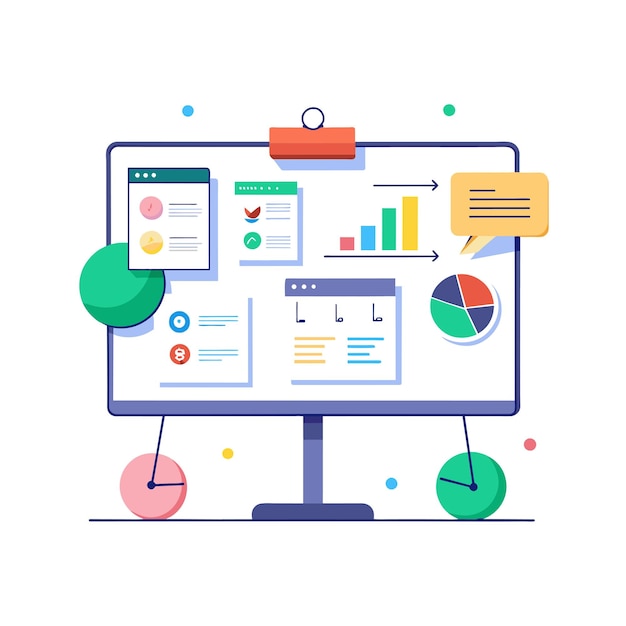 Interactive whiteboard with diagrams and notes vector illustration