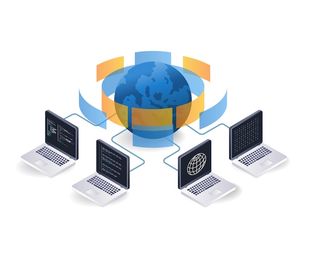 internet computer network information technology concept flat isometric 3d illustration