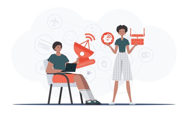 Internet of things and automation concept The girl and the guy are a team in the field of Internet of things Good for presentations and websites Vector illustration in trendy flat style