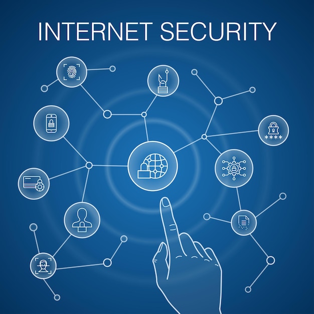 Internet Security concept, blue background. cyber security, fingerprint scanner, data encryption, password   icons
