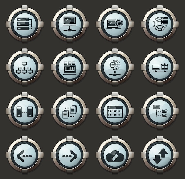 Internet, server, network vector icons in the stylish round buttons for mobile applications and web