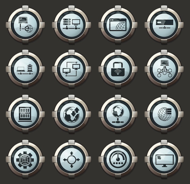 Internet, server, network vector icons in the stylish round buttons for mobile applications and web