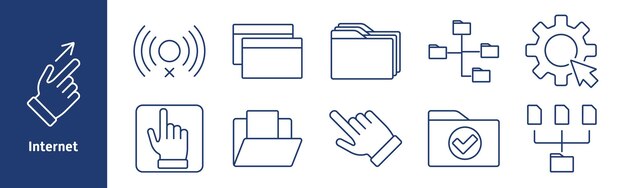 Internet set icon Hand gesture connection error folder management network structure gear with cursor file organization checked folder digital hierarchy system interface