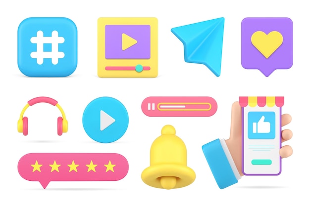 Internetová komunikace, digitální, smartphone, aplikace, kyberprostor, obsah, sada upozornění, 3D ikona, vektor