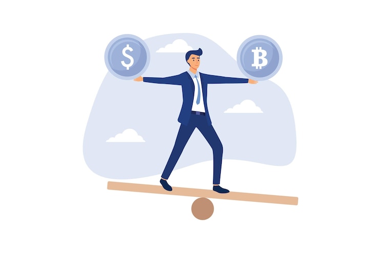 Vektor investiční portfolio s bitcoinem nebo kryptoměnou, podnikatel, investor, vyvážené portfolio, dolar
