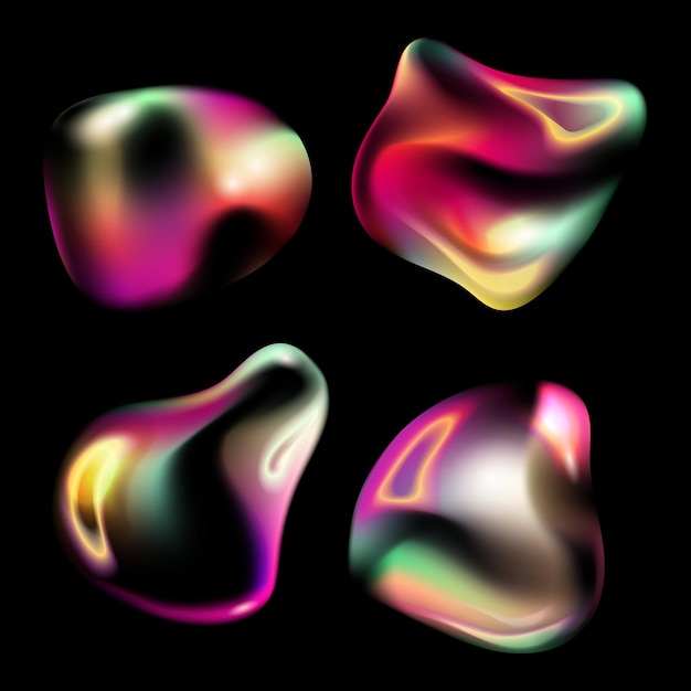 Iridescent Abstract 3D Fluid Shapes set on Black Background Vector illustration
