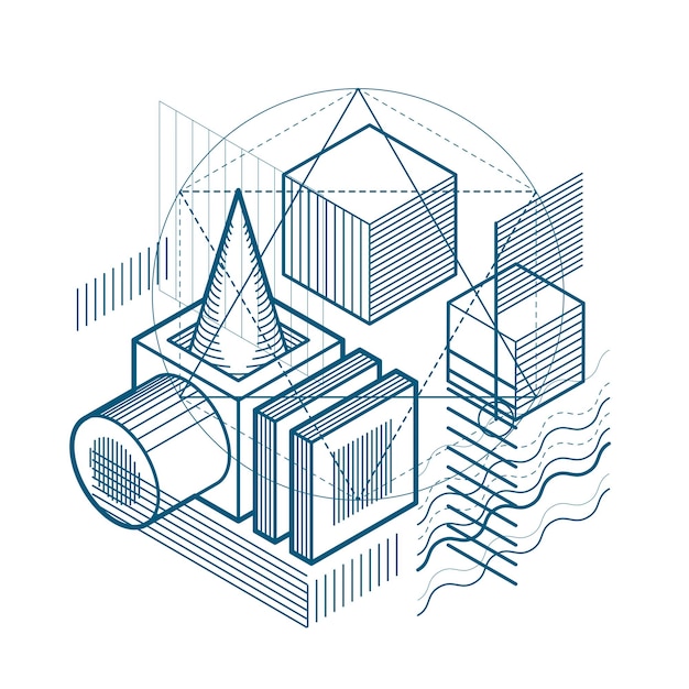 Isometric abstract background with linear dimensional shapes, vector 3d mesh elements. Composition of cubes, hexagons, squares, rectangles and different abstract elements.