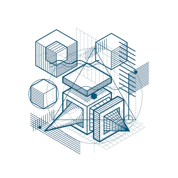 Isometric abstract background with lines and other different elements, vector abstract template. Composition of cubes, hexagons, squares, rectangles and different abstract elements.