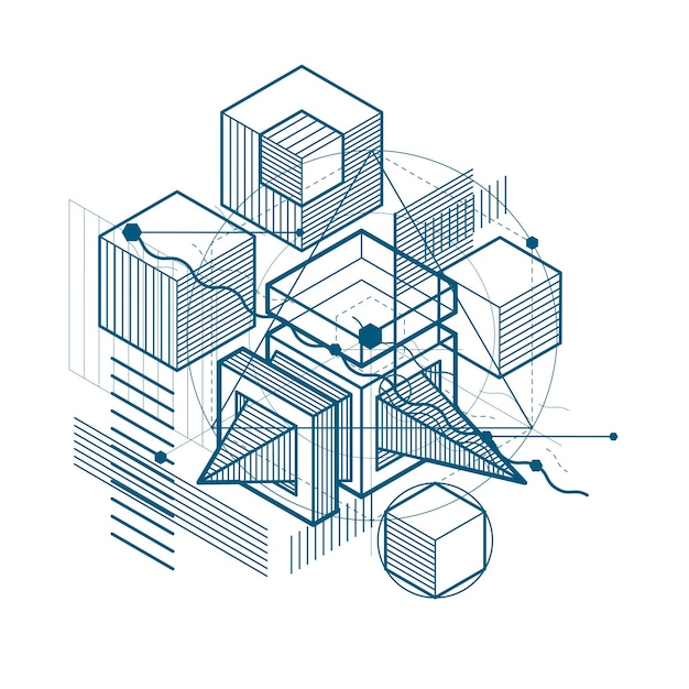 Isometric abstract background with lines and other different elements, vector abstract template. Composition of cubes, hexagons, squares, rectangles and different abstract elements.
