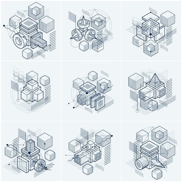Isometric abstract backgrounds with linear dimensional shapes, vector 3d mesh elements. Compositions of cubes, hexagons, squares, rectangles and different abstract elements. Vector collection.