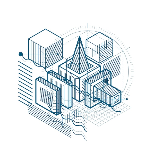 Isometric abstraction with lines and different elements, vector abstract background. Composition of cubes, hexagons, squares, rectangles and different abstract elements.