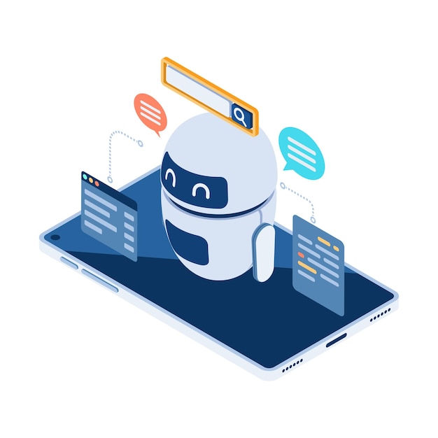 isometric ai or artificial intelligence chatbot or robot on smart device