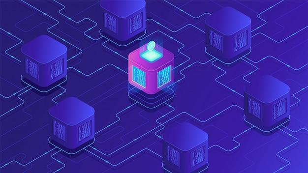 Isometric blockchain cryptocurrency and data transfer concept.