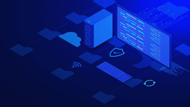 Isometric computer technology with PC on dark blue background Concept of software development