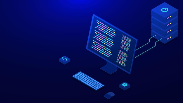 isometric computer technology with pc on dark blue background concept of software development