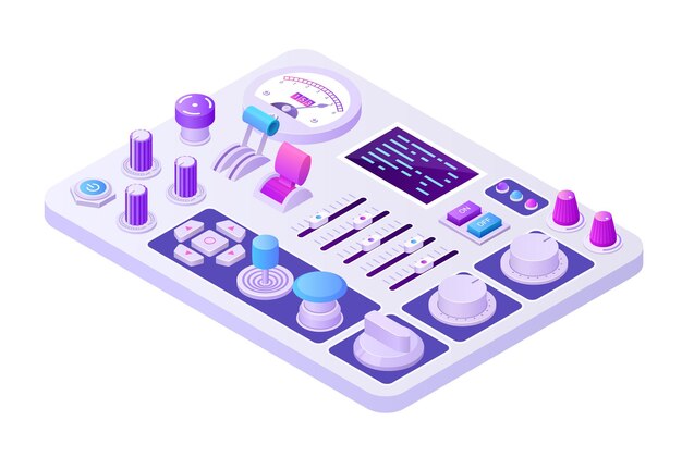 Isometric control panel 3D analog retro machine for power supply control or radio broadcast adjusting with knobs buttons and toggles Vector electric equipment illustration