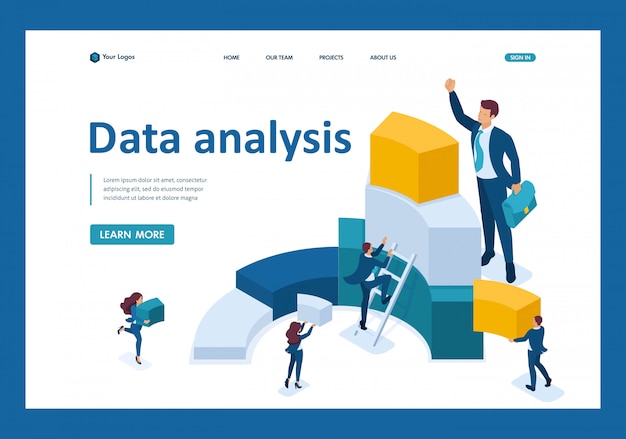 isometric data for analysis, creating charts, businessmen carry information landing page