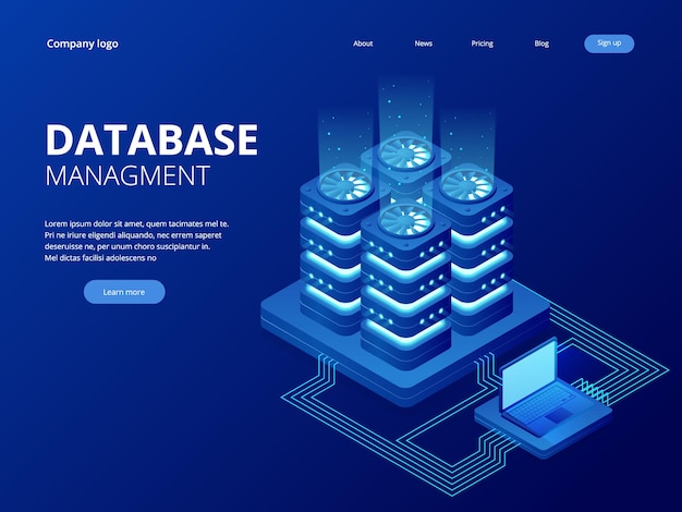 Isometric Database Network Management. Big Data processing, energy station of future. IT Technician Turning Server. Cloud service. Digital information. Vector illustration.