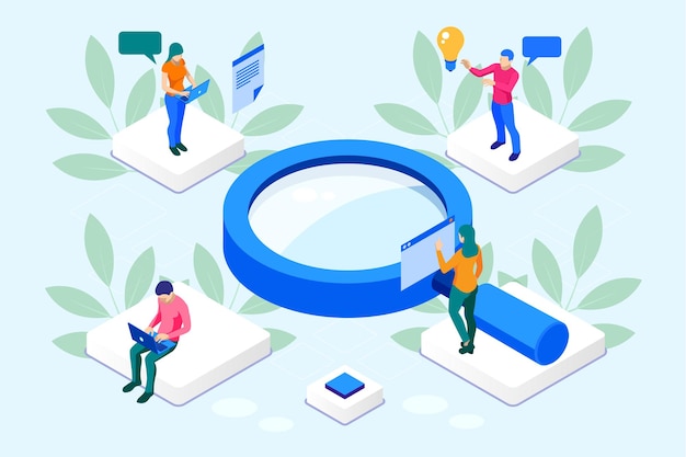 Isometric Digital marketing strategy web banner concept. Analysis data cloud and Investment landing page. Media Technology.