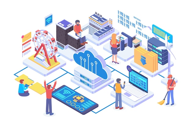Isometric distributed cloud technology vector