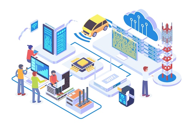 Isometric edge computing technology vector concept