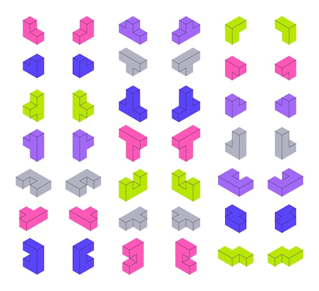 Isometric geometric shapes Mosaic 3d blocks colorful puzzle game cube blocks vector illustration set Logic games constructor elements