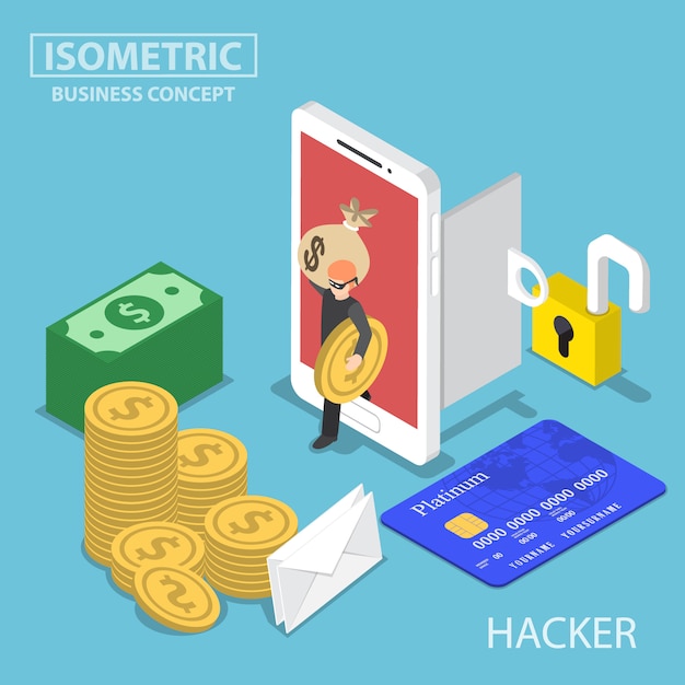 isometric hacker steal money and data from smartphone
