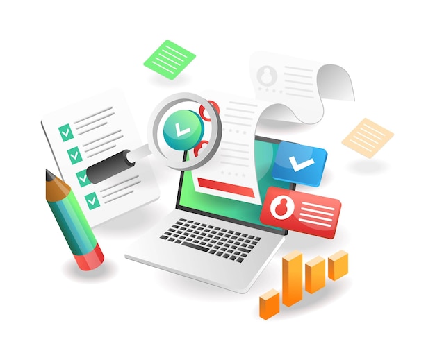 isometric illustration concept creative paper data analysis on computer