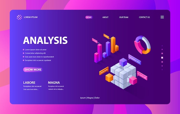 isometric infographic landing 3d data statistic and business chart web site layout template financial presentation graphic element vector illustration