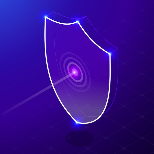 Isometric internet security shield business concept. Network data security isometric  illustration. Neon shield. Virus Attack.