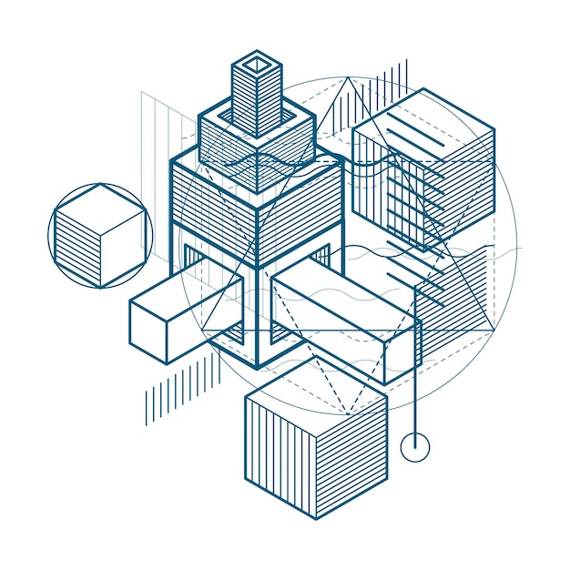 Isometric linear abstract vector background, lined abstraction. Cubes, hexagons, squares, rectangles and different abstract elements.