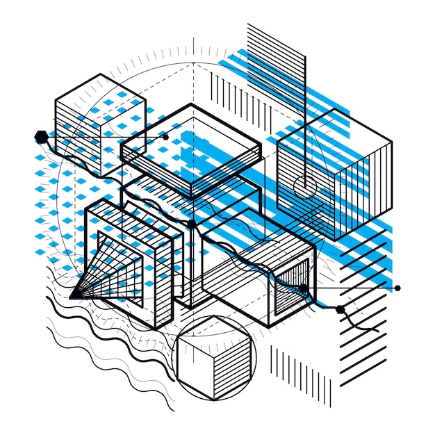 Isometric linear abstract vector background, lined abstraction. Cubes, hexagons, squares, rectangles and different abstract elements.