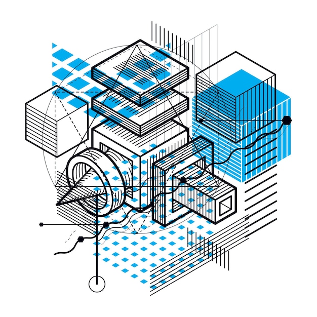 Isometric linear abstract vector background, lined abstraction. Cubes, hexagons, squares, rectangles and different abstract elements.