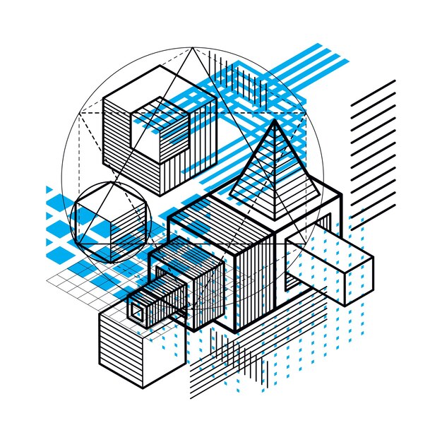 isometric linear abstract vector background, lined abstraction. cubes, hexagons, squares, rectangles and different abstract elements.