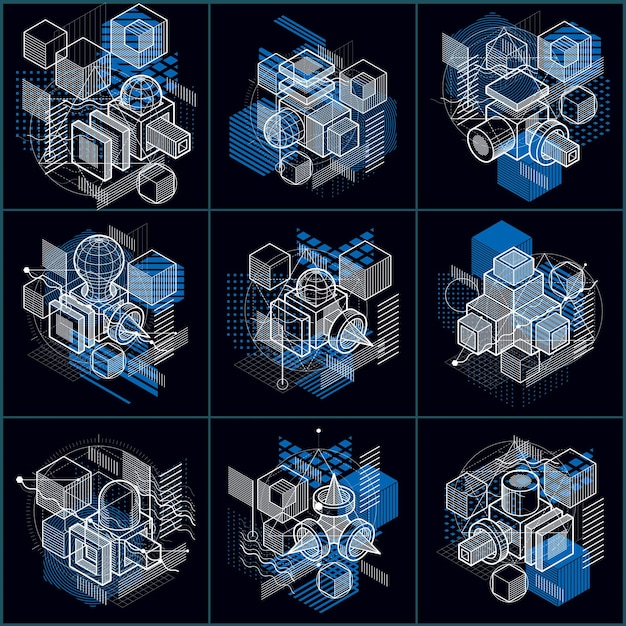 Isometric linear abstract vector backgrounds, lined abstractions. Cubes, hexagons, squares, rectangles and different abstract elements. Vector set.