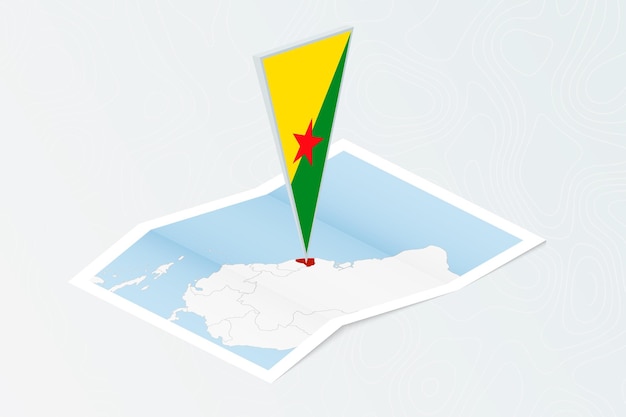 isometric paper map of french guiana with triangular flag of french guiana in isometric style map on topographic background