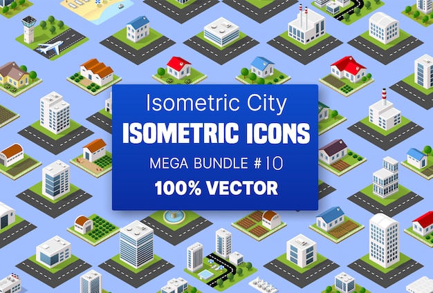 isometric set building houses icons of blocks module