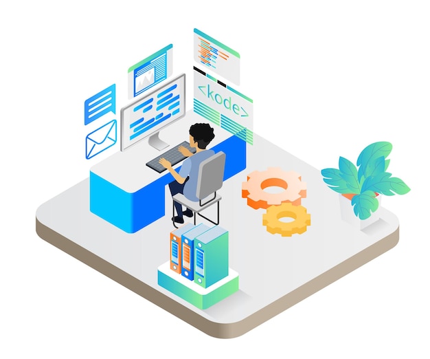 Isometric style illustration about a person coding a website app with his computer