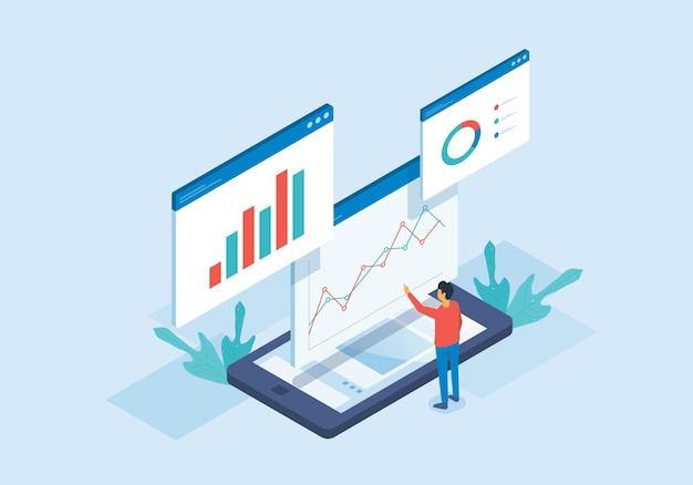 isometric web analysis and people working for data analytics