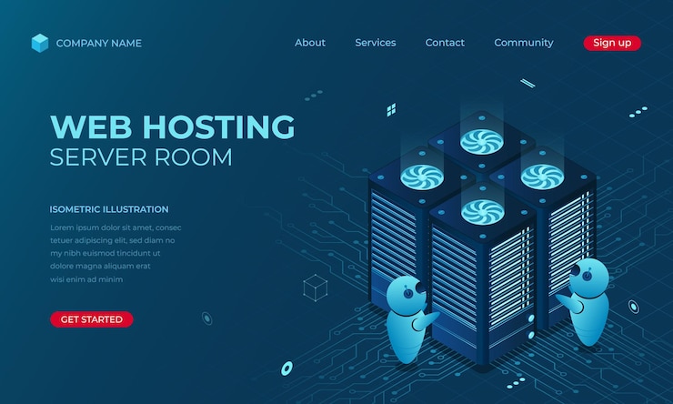 Vektor isometric web hosting landing page concept concept of server hosting online computing technology digital technology website landing page